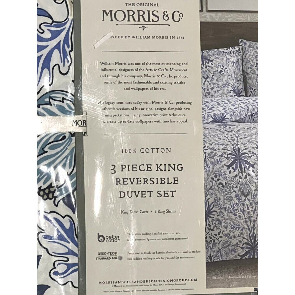 William MORRIS & CO. KING Duvet Cover Set Blue White Reversible COTTON - Picture 9 of 16